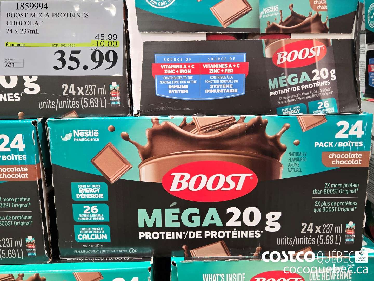 1859994 BOOST MEGA PROTEINES CHOCOLAT 24 x 237mL  ($10.00 INSTANT SAVINGS EXPIRES ON 2025-04-20) $35.99