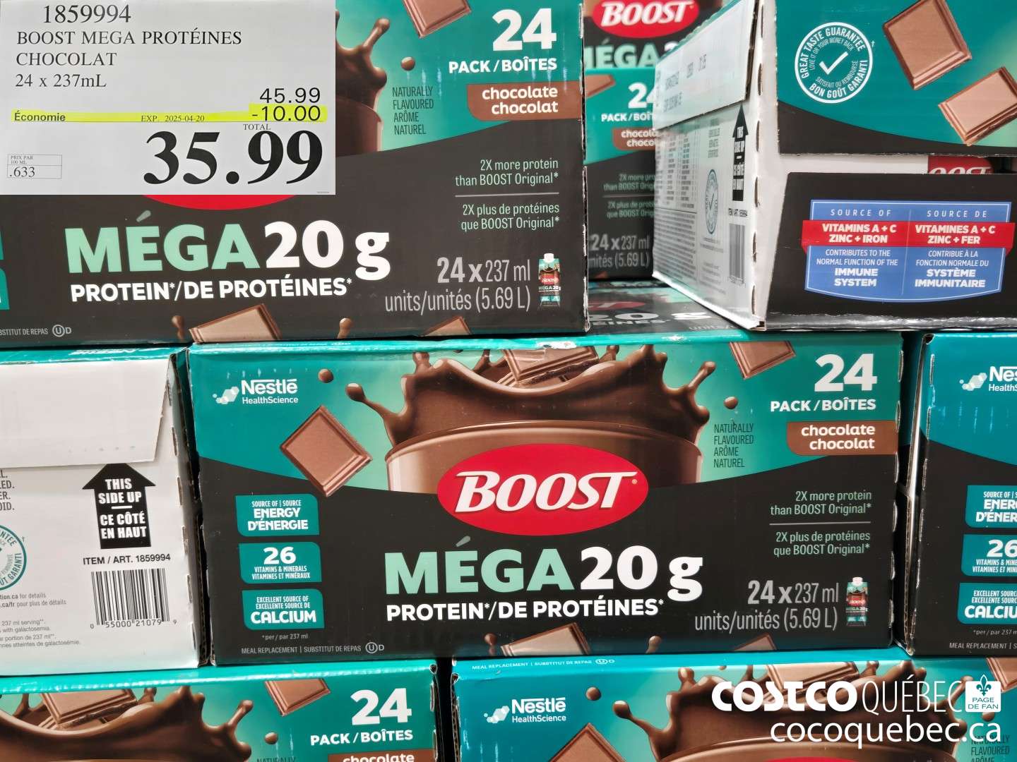 1859994 BOOST MEGA PROTEINES CHOCOLAT 24 x 237mL  ($10.00 INSTANT SAVINGS EXPIRES ON 2025-04-20) $35.99