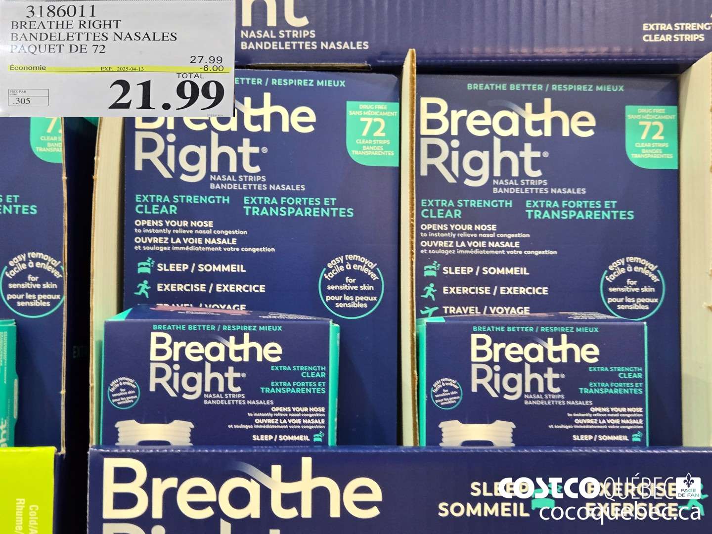 3186011 BREATHE RIGHT BANDELETTES NASALES PAQUET DE 72  ($6.00 INSTANT SAVINGS EXPIRES ON 2025-04-13) $21.99
