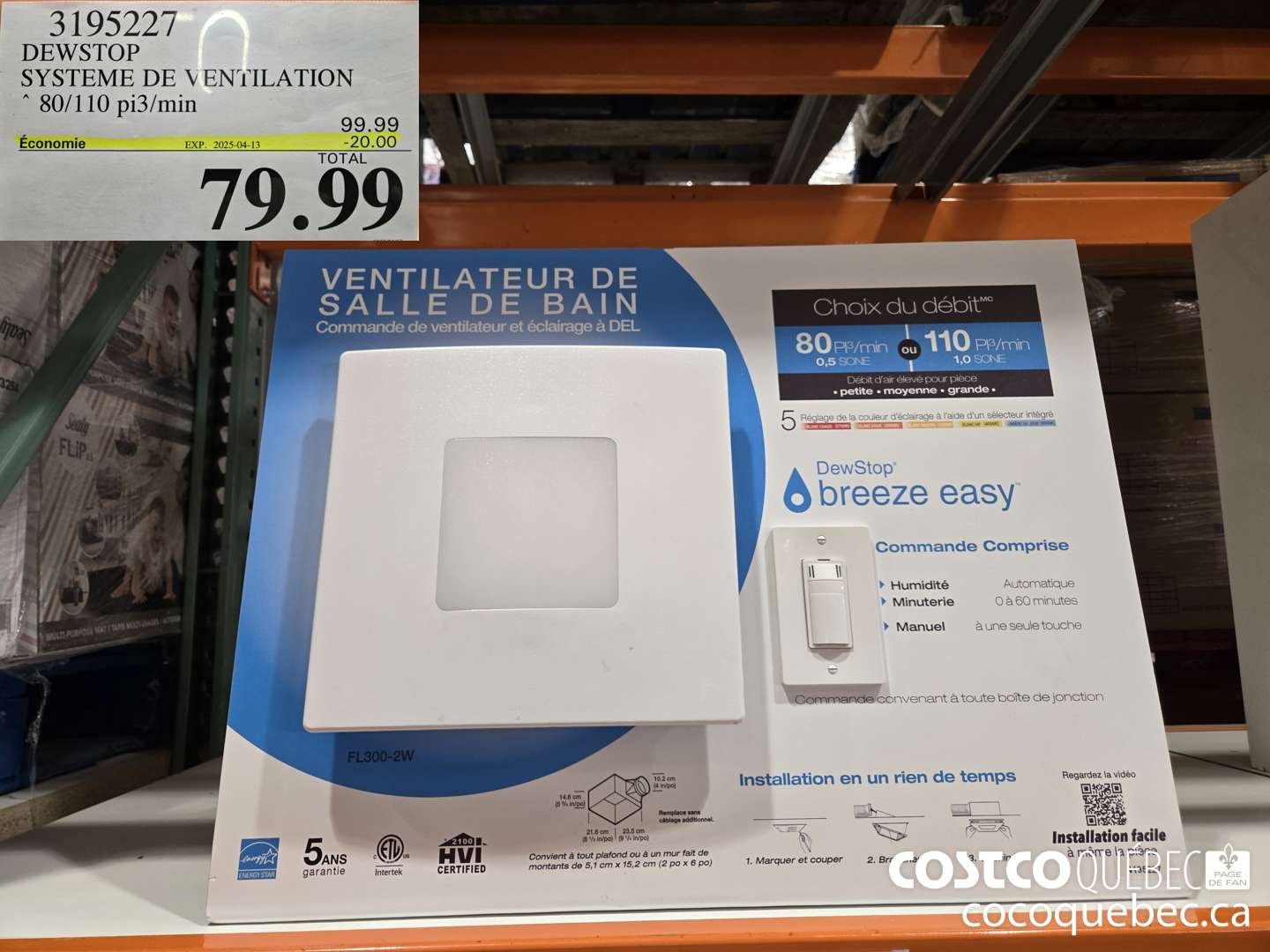 3195227 BREEZE EASY VENTILATEUR DE BIN 80/100 CFM  ($20.00 INSTANT SAVINGS EXPIRES ON 2025-04-13) $79.99