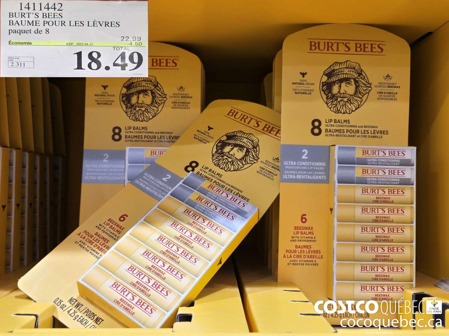 1411442 BURT'S BEES BAUME POUR LES LEVRES paquet de 8  ($4.50 INSTANT SAVINGS EXPIRES ON 2025-04-13) $18.49