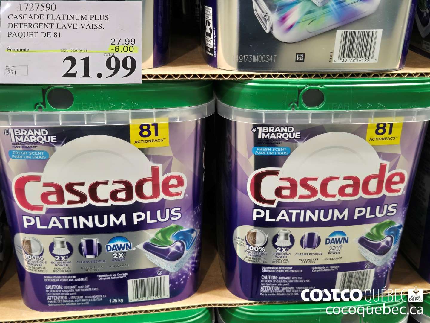 1727590 CASCADE PLATINUM PLUS DETERGENT LAVE-VAISS. PAQUET DE 81  ($6.00 INSTANT SAVINGS EXPIRES ON 2025-05-11) $21.99