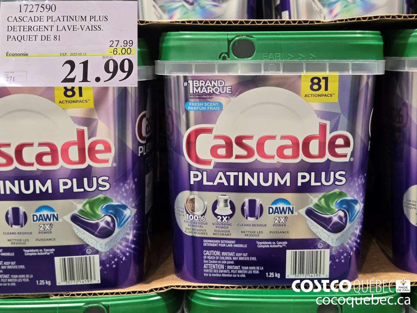 1727590 CASCADE PLATINUM PLUS DETERGENT LAVE-VAISS. PAQUET DE 81  ($6.00 INSTANT SAVINGS EXPIRES ON 2025-05-11) $21.99