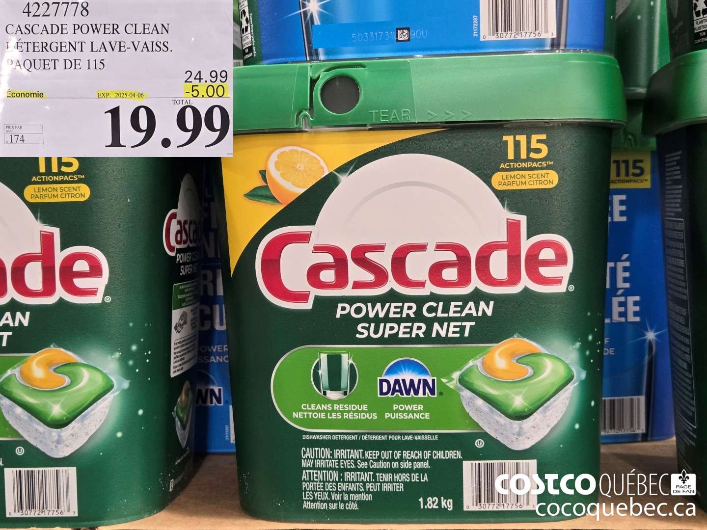 4227778 CASCADE POWER CLEAN DETERGENT LAVE-VAISS. PAQUET DE 115  ($6.50 INSTANT SAVINGS EXPIRES ON 2025-04-06) $19.99