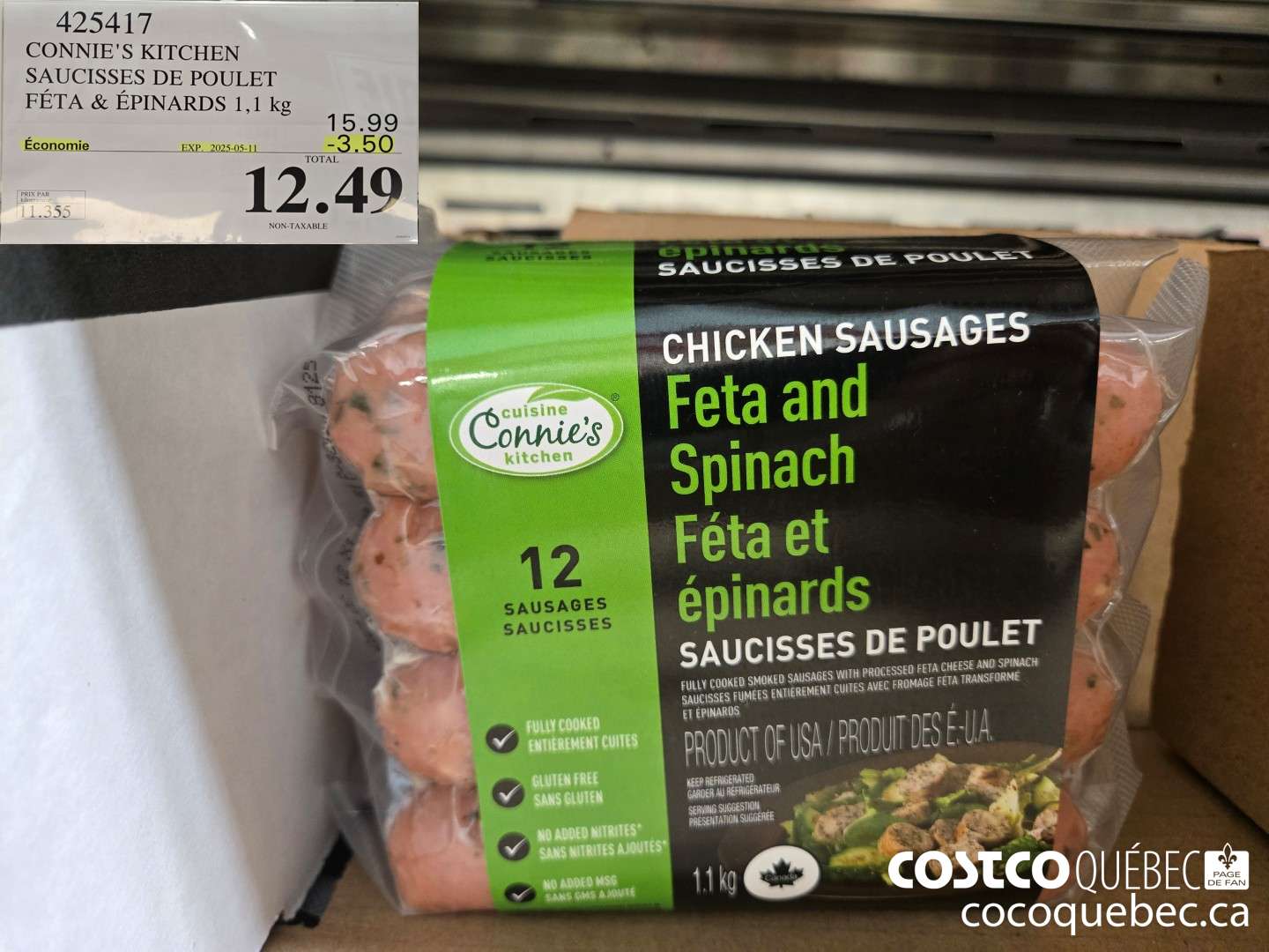 425417 CONNIE'S KITCHEN SAUCISSES DE POULET FETA & EPINARDS ($3.50 INSTANT SAVINGS EXPIRES ON 2025-05-11) $12.49