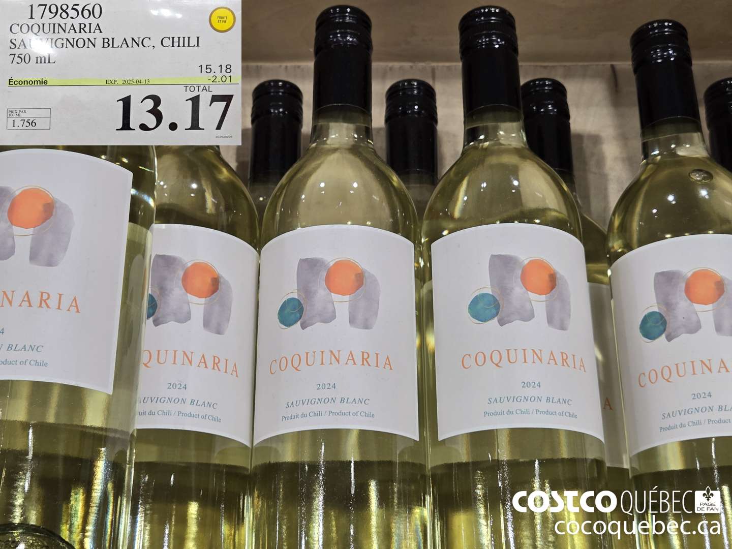 1798560 COQUINARIA SAUVIGNON BLANC, CHILI  ($2.01 INSTANT SAVINGS EXPIRES ON 2025-04-13) $13.17