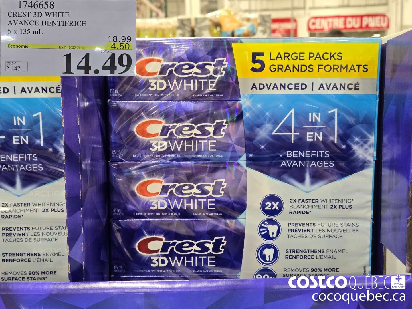 1746658 CREST 3D WHITE AVANCE DENTIFRICE 5 x 135 ml. ($4.50 INSTANT SAVINGS EXPIRES ON 2025-04-13) $14.49
