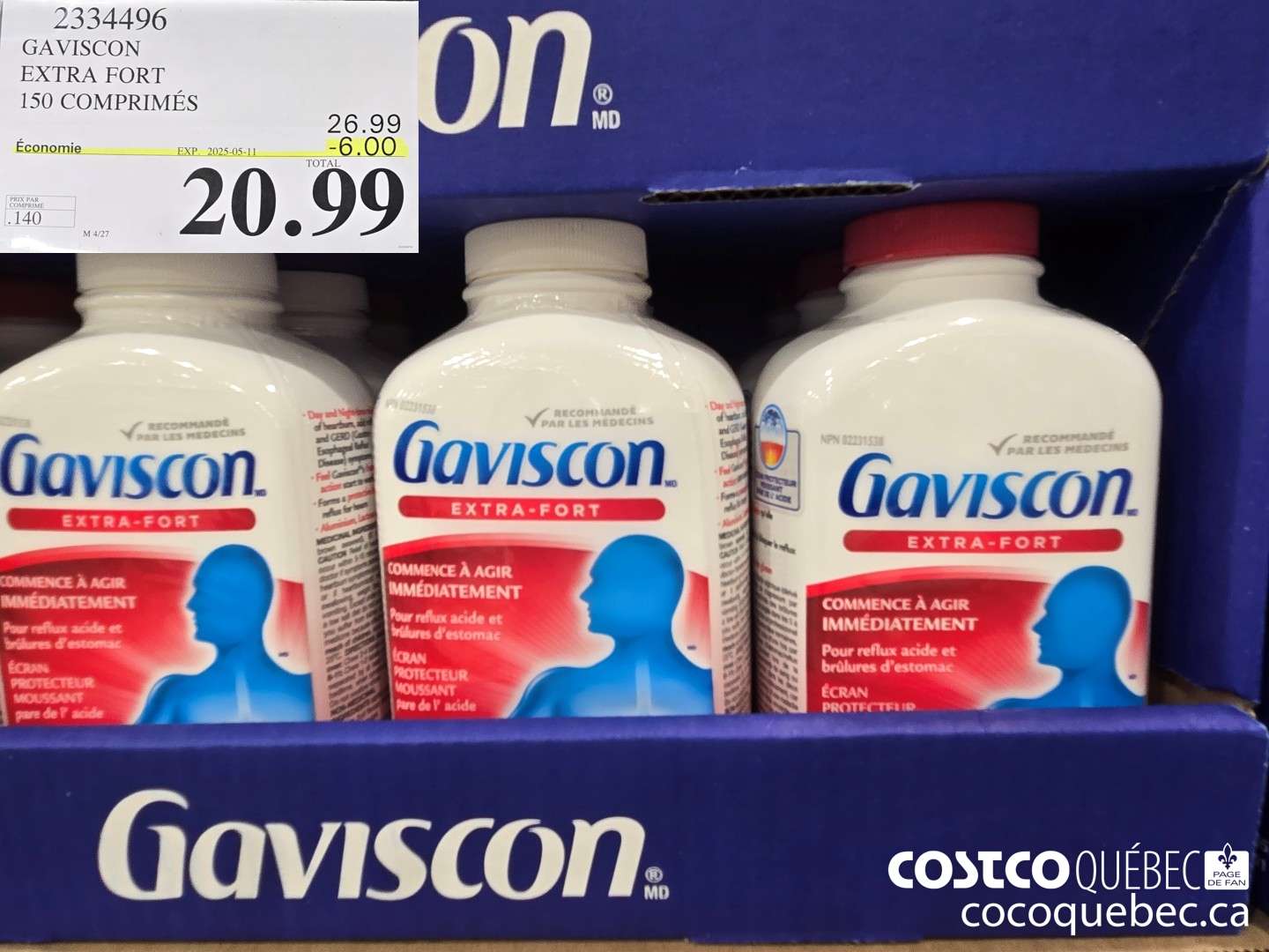 2334496 GAVISCON EXTRA FORT 150 COMPRIMES  ($6.00 INSTANT SAVINGS EXPIRES ON 2025-05-11) $20.99