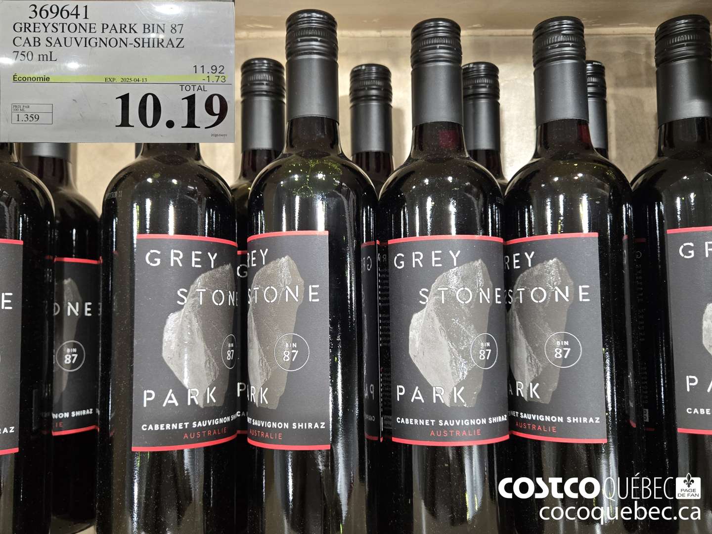 369641 GREYSTONE PARK BIN 87 CAB SAUVIGNON-SHIRAZ 750 mL  ($1.73 INSTANT SAVINGS EXPIRES ON 2025-04-13) $10.19