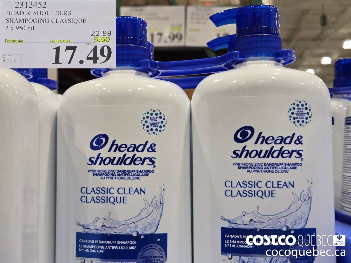 2312452 HEAD & SHOULDERS SHAMPOOING CLASSIQUE ($5.50 INSTANT SAVINGS EXPIRES ON 2025-05-11) $17.49