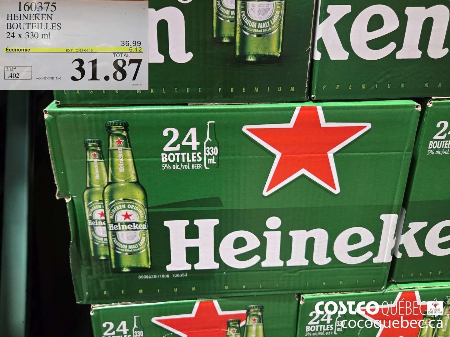 160375 HEINEKEN BOUTEILLES 24 x 330 ml  ($5.12 INSTANT SAVINGS EXPIRES ON 2025-04-16) $31.87
