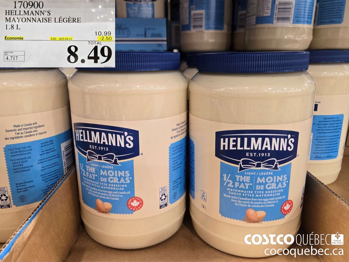 170900 HELLMANN'S MAYONNAISE LEGERE 1.8 L ($2.50 INSTANT SAVINGS EXPIRES ON 2025-04-13) $8.49