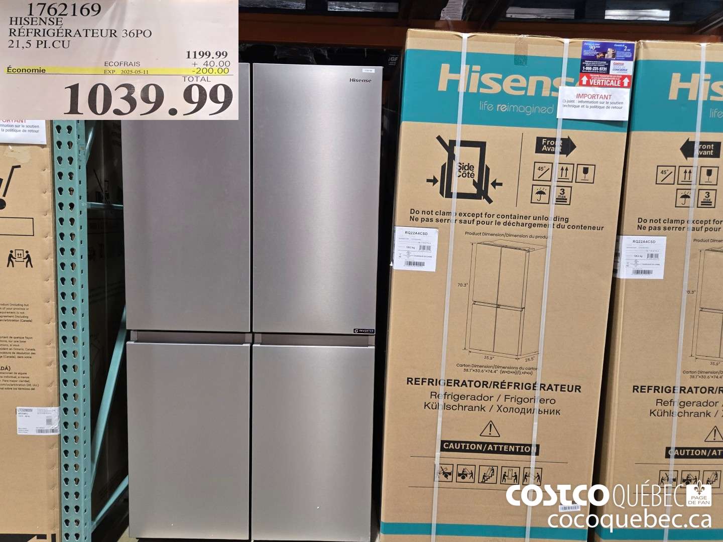 1762169 HISENSE REFRIGERATEUR 36PO 215 PLCU  ($200.00 INSTANT SAVINGS EXPIRES ON 2025-05-11) $1039.99