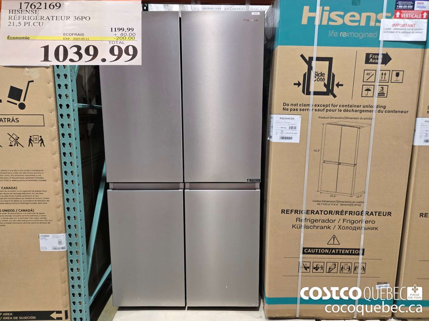 1762169 HISENSE REFRIGERATEUR 36PO 215 PLCU  ($200.00 INSTANT SAVINGS EXPIRES ON 2025-05-11) $1039.99