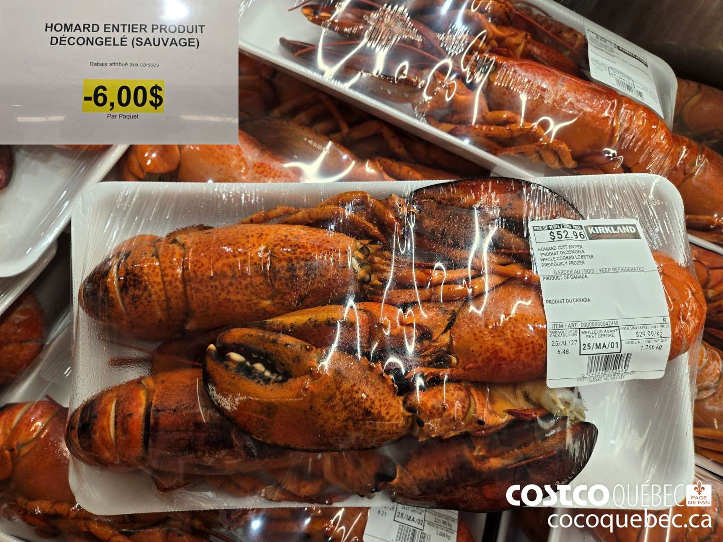 42448 HOMARD ENTIER PRODUIT DECONGELE (SAUVAGE) Rabais attribué aux caisses Par Paquet  ($6.00 INSTANT SAVINGS)