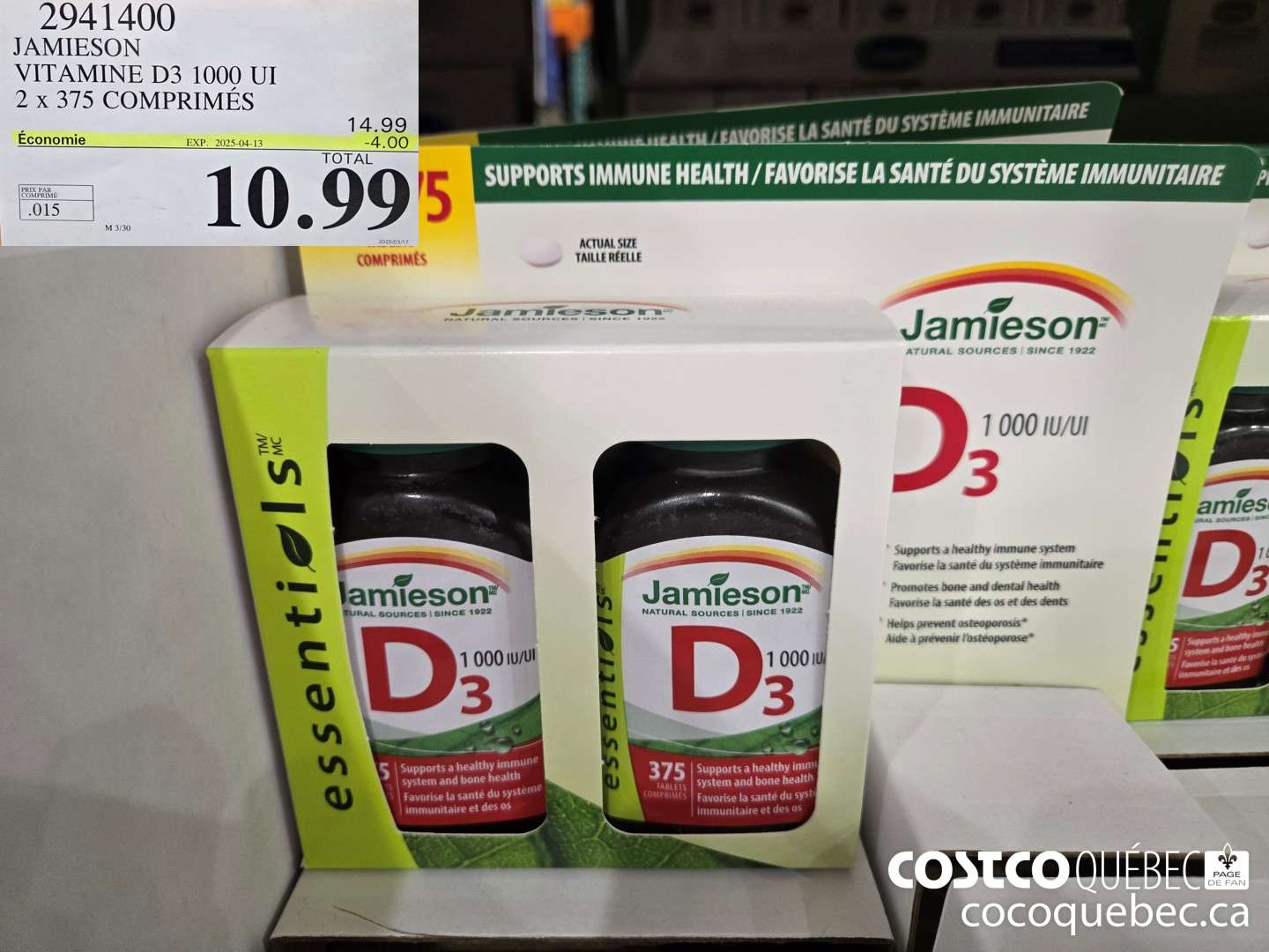 2941400 JAMIESON VITAMINE D3 1000UI 2X375 COMPRIMES ($4.00 INSTANT SAVINGS EXPIRES ON 2025-04-13) $10.99