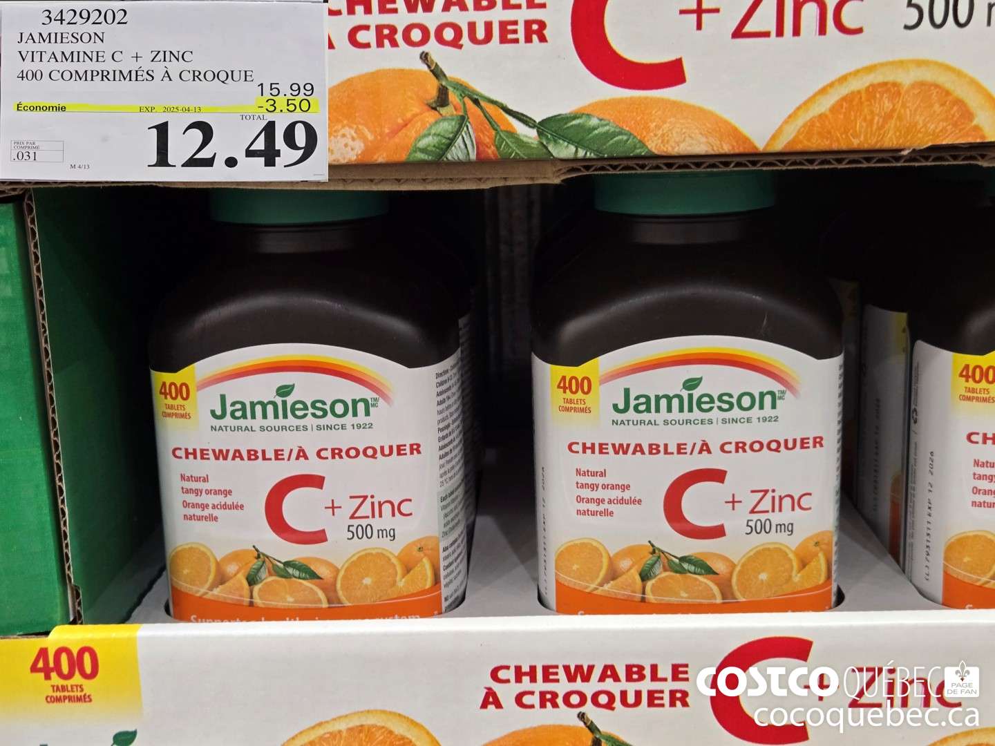 3429202 JAMIESON - VITAMINE C+ZINC 500MG | 400 COMPRIMES ($3.50 INSTANT SAVINGS EXPIRES ON 2025-04-13) $12.49