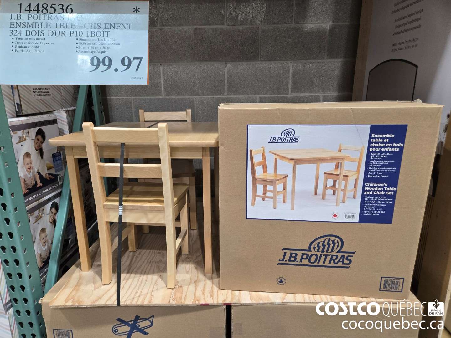 1448536 J.B. POITRAS INC ENSMBLE TBLE+CHS ENFNT 324 BOIS DUR P10 1BOIT  $99.97