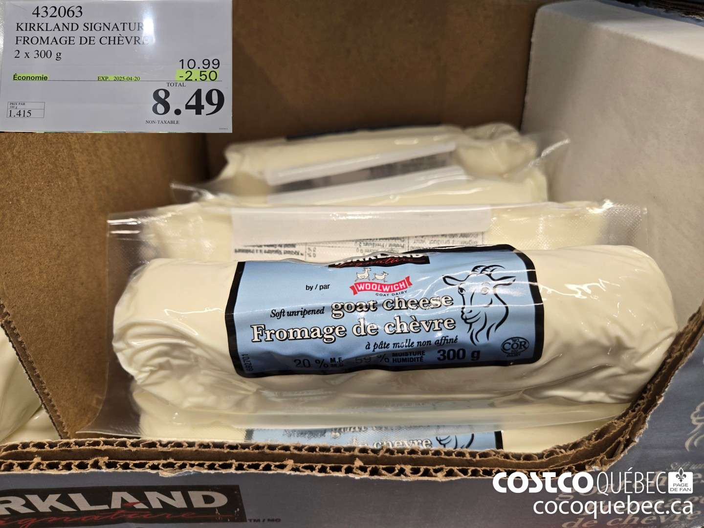 432063 KIRKLAND SIGNATURE FROMAGE DE CHEVRE 2 x 300 G ($2.50 INSTANT SAVINGS EXPIRES ON 2025-04-20) $8.49