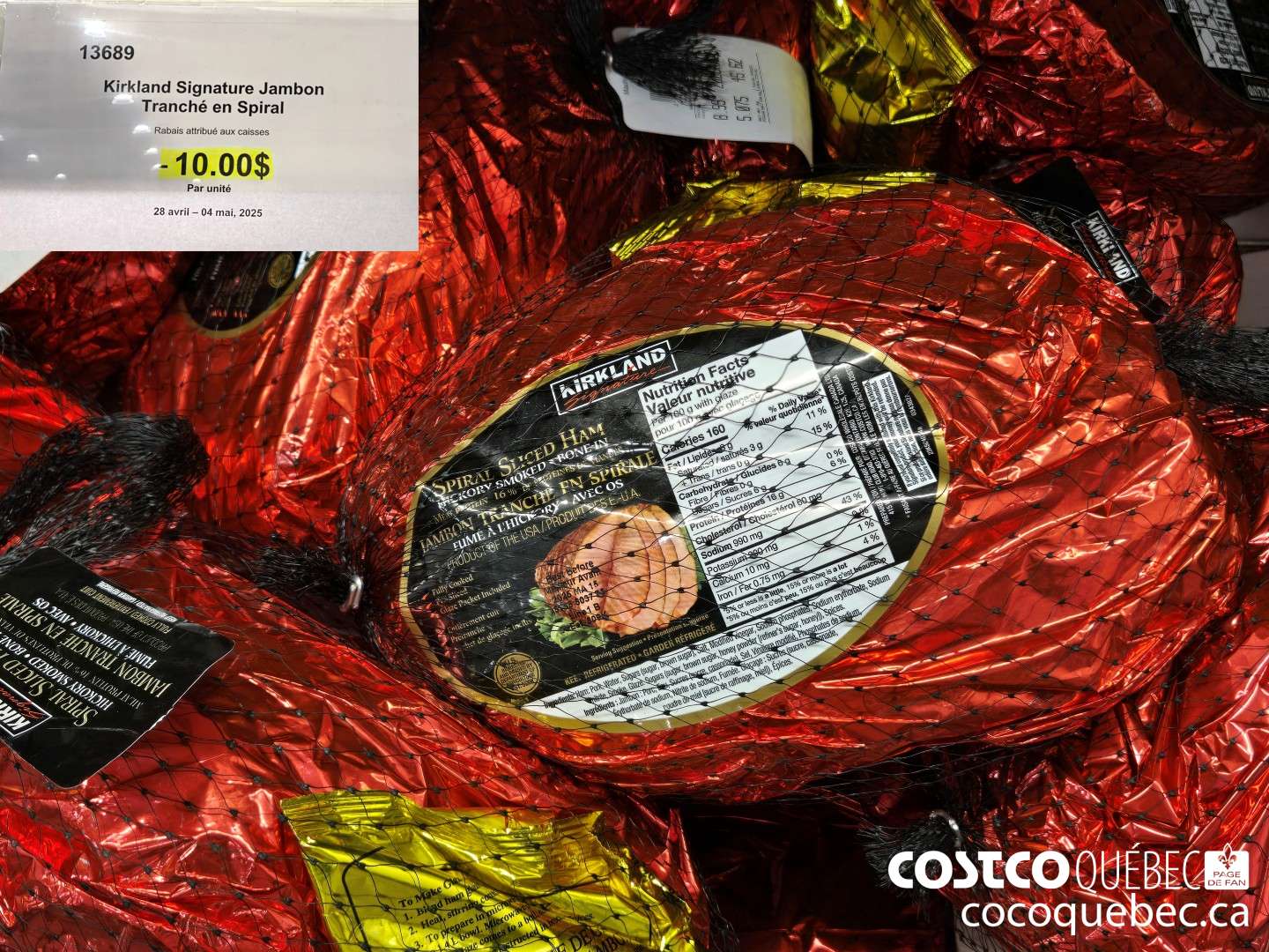 13689 KIRKLAND SIGNATURE JAMBON TRANCHE EN SPIRALE PRIX au kg  ($10.00 INSTANT SAVINGS)