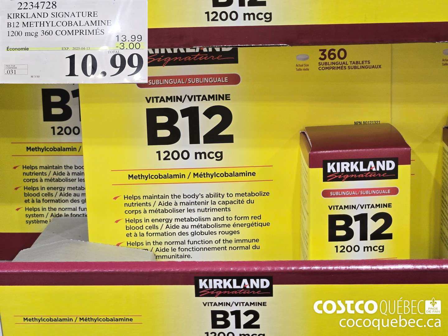 2234728 KIRKLAND SIGNATURE B12 METHYLCOBALAMINE 1200 mcg. 360 COMPRIMES  ($3.00 INSTANT SAVINGS EXPIRES ON 2025-04-13) $10.99