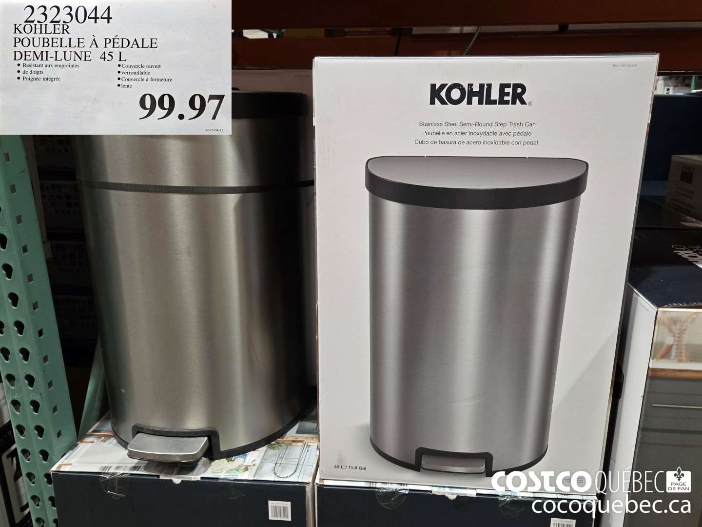 2323044 KOHLER POUBELLE A PEDALE DEMI-LUNE 45L  $99.97