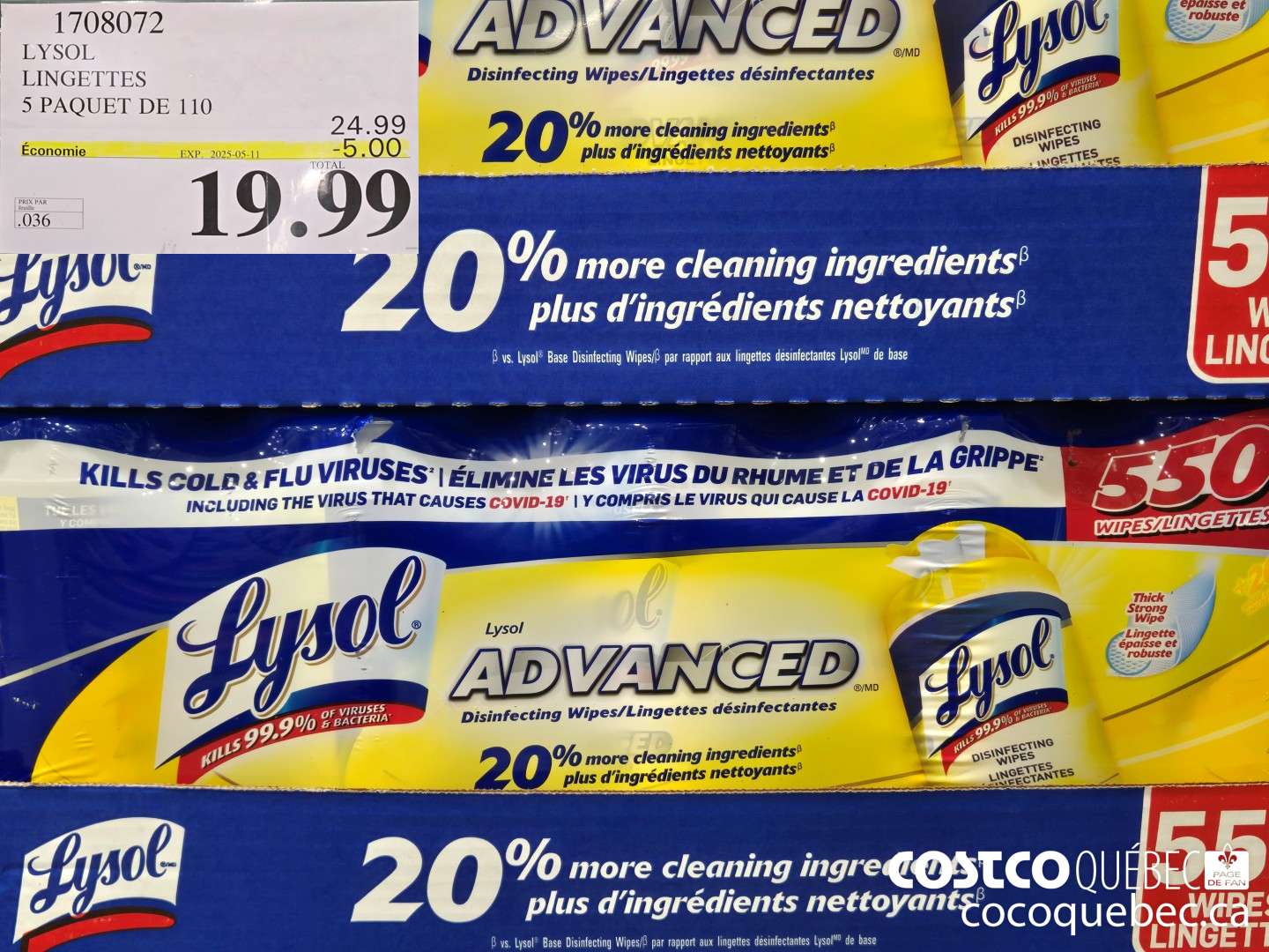 1708072 LYSOL LINGETTES 5 PAQUET DE 110  ($5.00 INSTANT SAVINGS EXPIRES ON 2025-05-11) $19.99