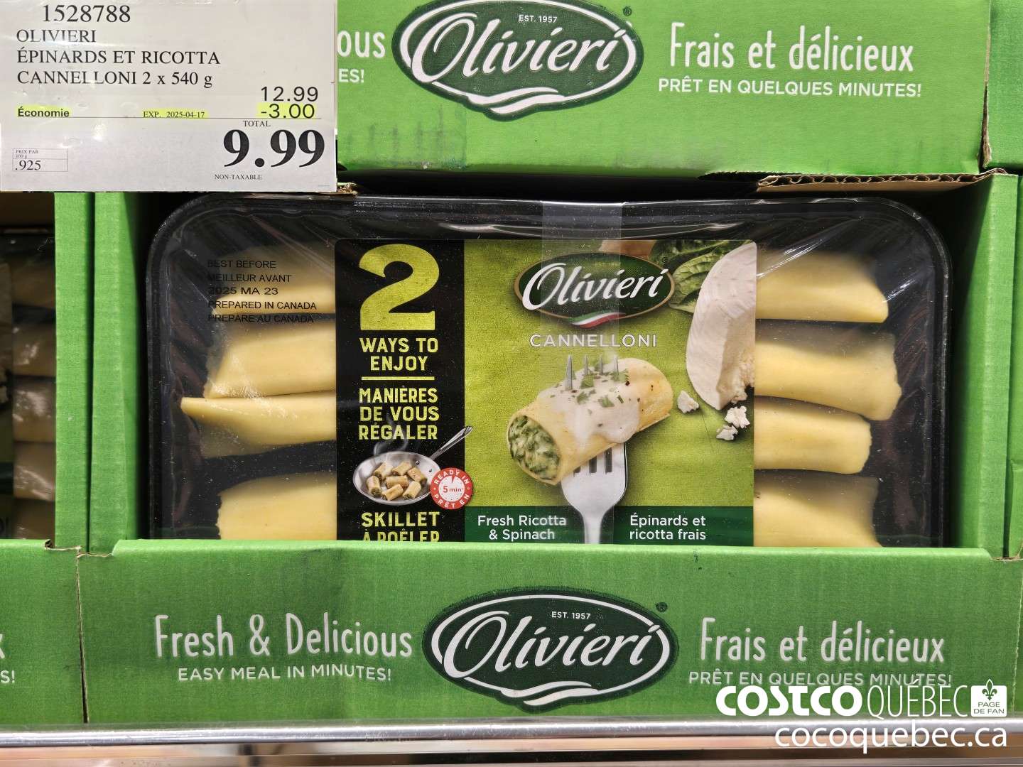 1528788 OLIVIERI EPINARDS ET RICOTTA CANNELLONI 2 x 540 g  ($3.00 INSTANT SAVINGS EXPIRES ON 2025-04-17) $9.99