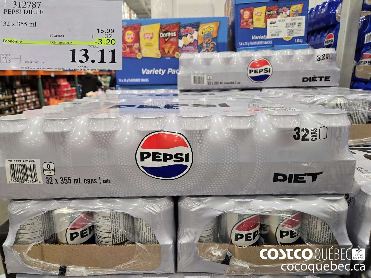 312787 PEPSI DIETE 32 x 355 ml  ($3.20 INSTANT SAVINGS EXPIRES ON 2025-04-20) $13.11