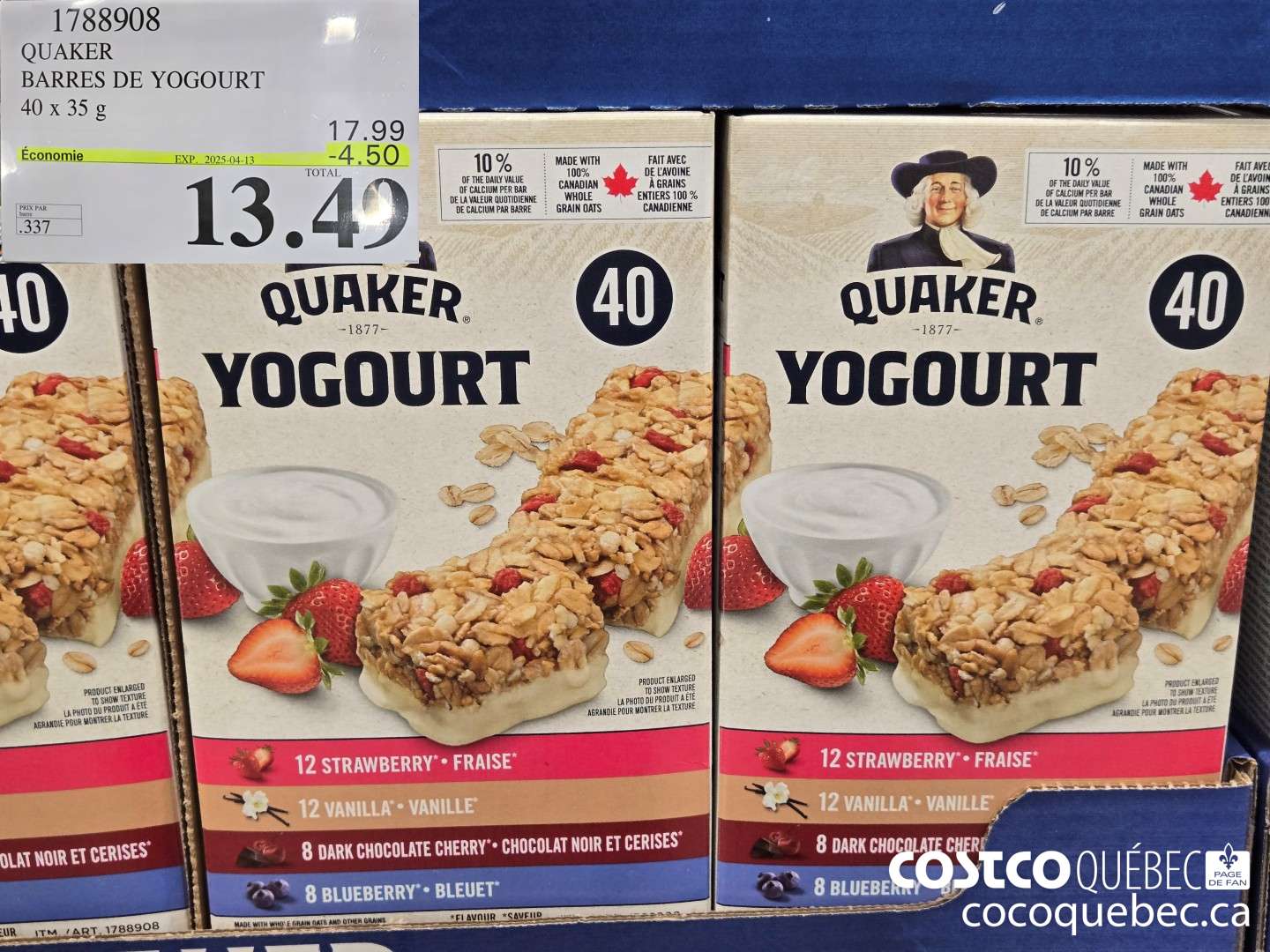 1788908 QUAKER BARRES DE YOGOURT 40 x 35 g  ($4.50 INSTANT SAVINGS EXPIRES ON 2025-04-13) $13.49