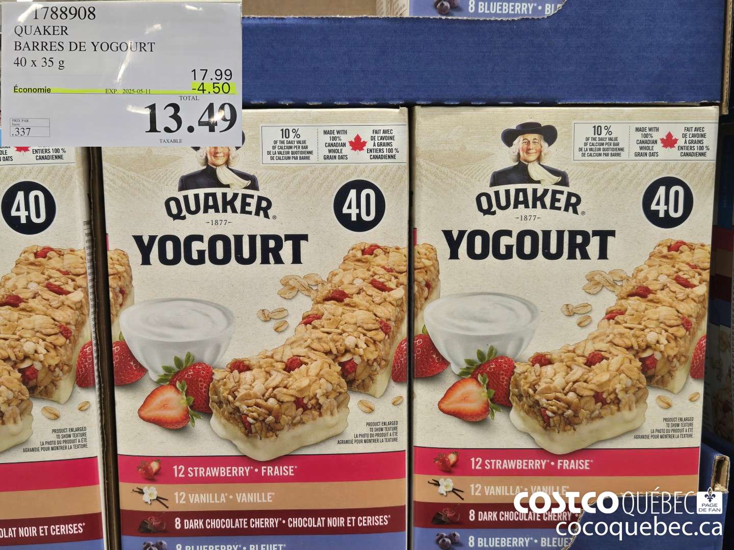 1788908 QUAKER BARRES DE YOGOURT 40 x 35 g  ($4.50 INSTANT SAVINGS EXPIRES ON 2025-05-11) $13.49