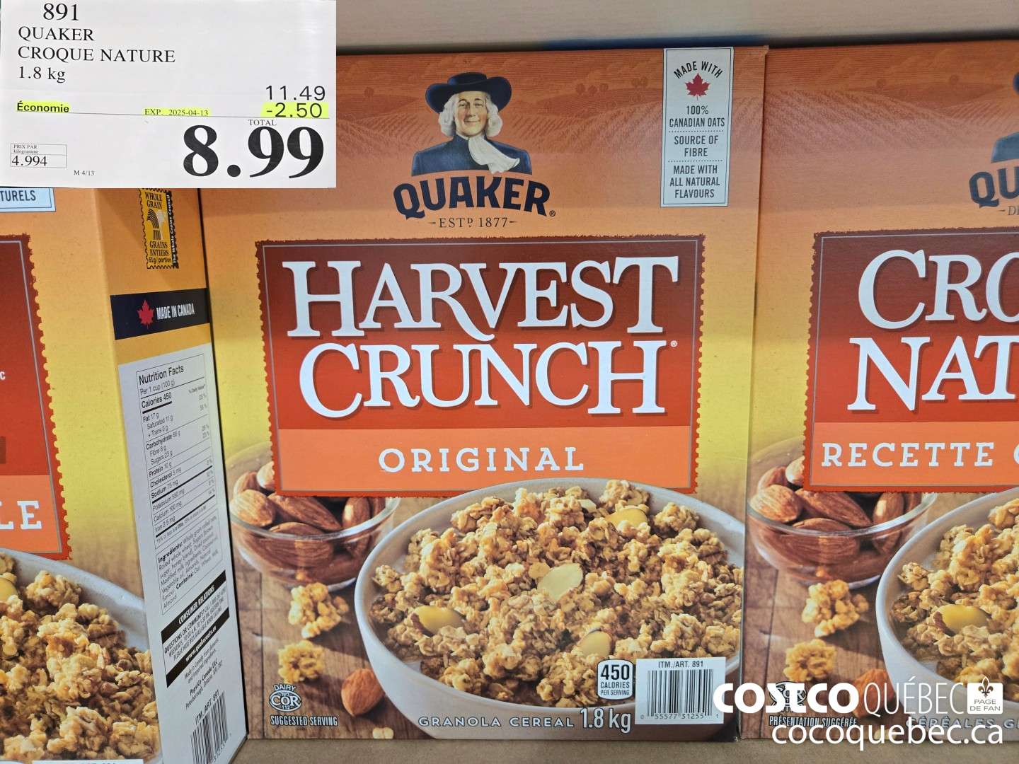 891 QUAKER CROQUE NATURE 1.8 kg 2 = 8,99  ($2.50 INSTANT SAVINGS EXPIRES ON 2025-04-13) $8.99