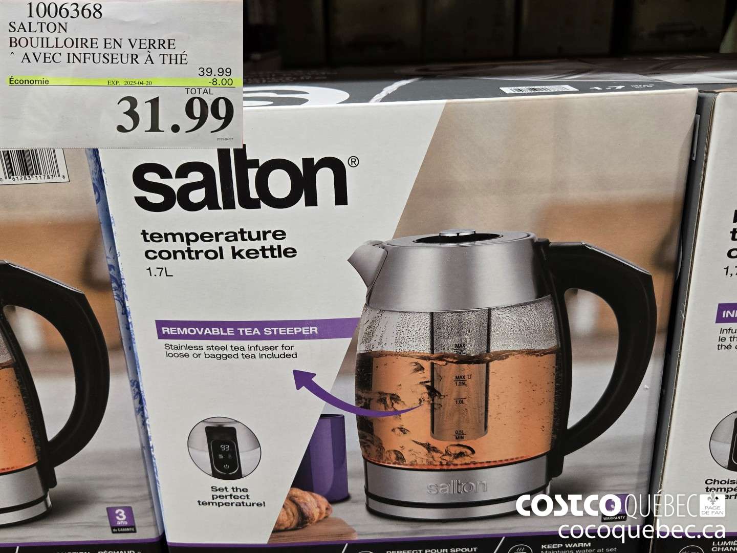 1006368 SALTON BOUILLOIRE EN VERRE * AVEC INFUSEUR A THE  ($8.00 INSTANT SAVINGS EXPIRES ON 2025-04-20) $31.99