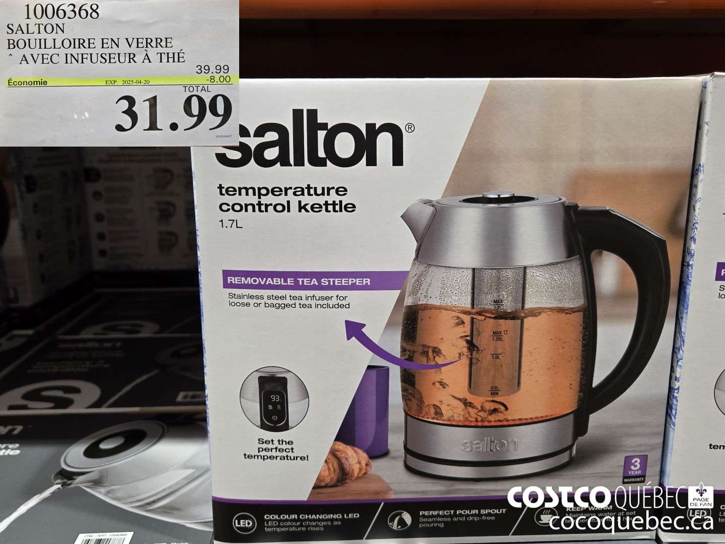 1006368 SALTON BOUILLOIRE EN VERRE * AVEC INFUSEUR A THE  ($8.00 INSTANT SAVINGS EXPIRES ON 2025-04-20) $31.99