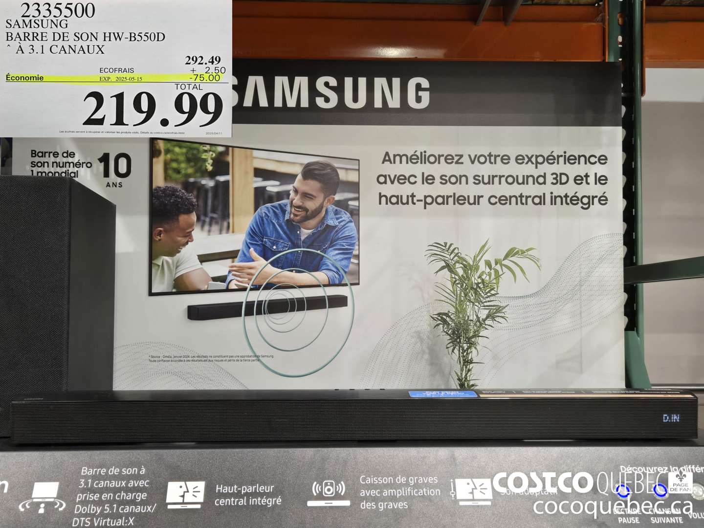 2335500 SAMSUNG BARRE DE SON HW-B550D  ($75.00 INSTANT SAVINGS EXPIRES ON 2025-05-15) $219.99