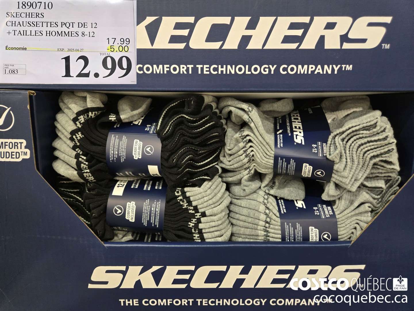 1890710 SKECHERS CHAUSSETTES PQT DE 12  ($5.00 INSTANT SAVINGS EXPIRES ON 2025-04-27) $12.99
