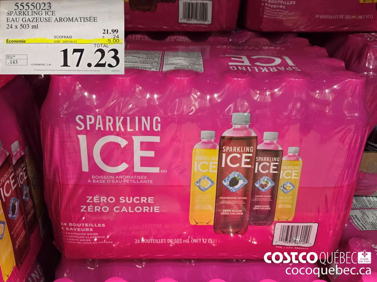 5555023 SPARKLING ICE : EAU GAZEUSE AROMATISEE 24 x 503 ml  ($5.00 INSTANT SAVINGS EXPIRES ON 2025-04-13) $17.23