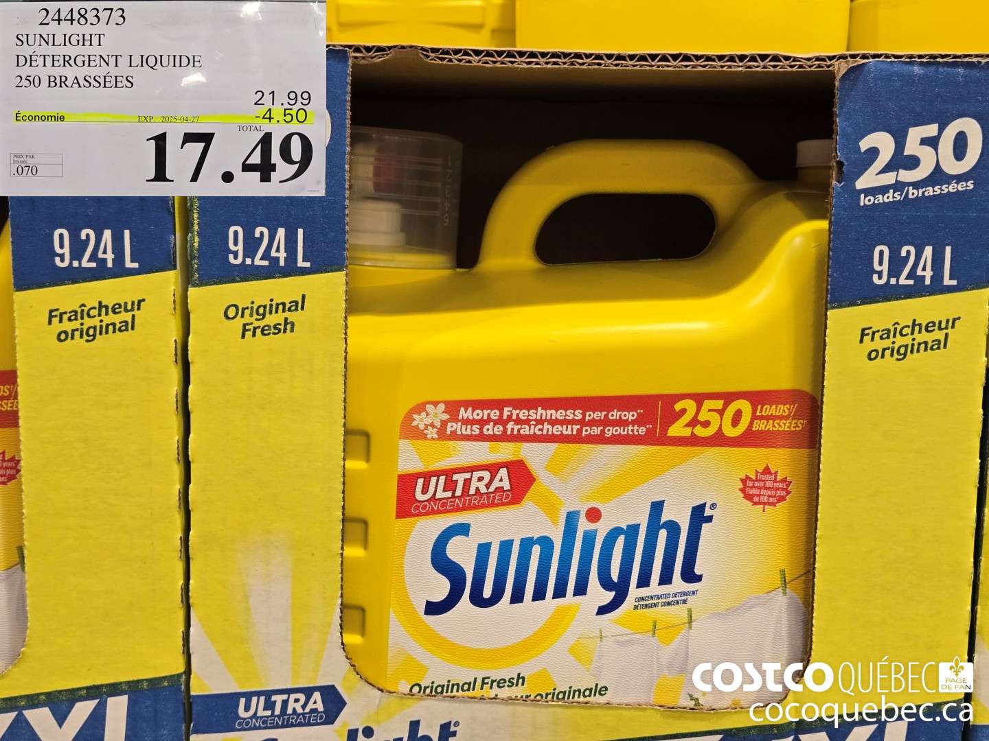 2448373 SUNLIGHT DETERGENT LIQUIDE 250 brassées  $7,49 ($4.50 INSTANT SAVINGS EXPIRES ON 2025-04-27) $17.49