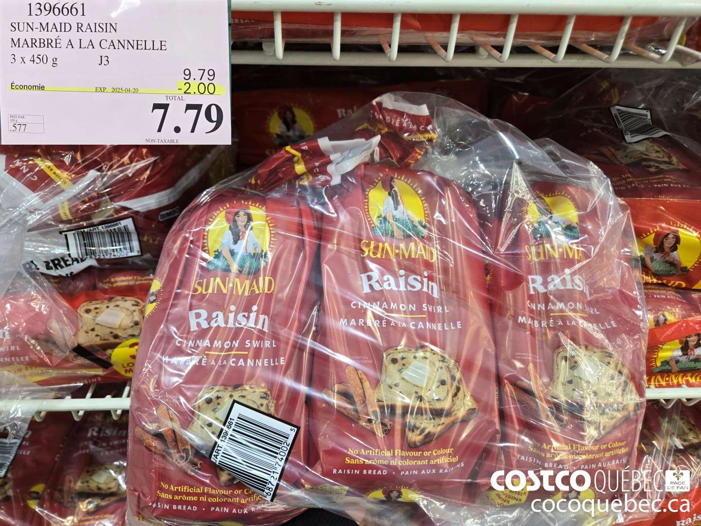 1396661 SUN-MAID RAISIN MARBRE A LA CANNELLE 3 x 450 g ($2.00 INSTANT SAVINGS EXPIRES ON 2025-04-20) $7.79