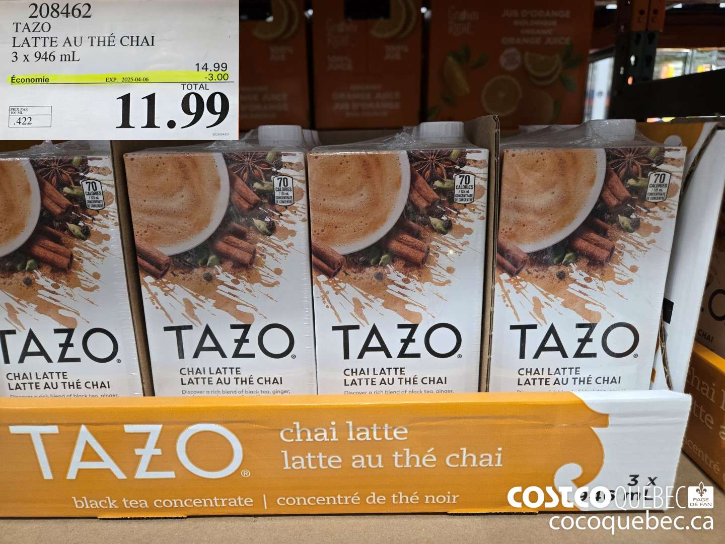 208462 TAZO LATTE AU THE CHAI 3 x 946 mL ($3.00 INSTANT SAVINGS EXPIRES ON 2025-04-06) $11.99