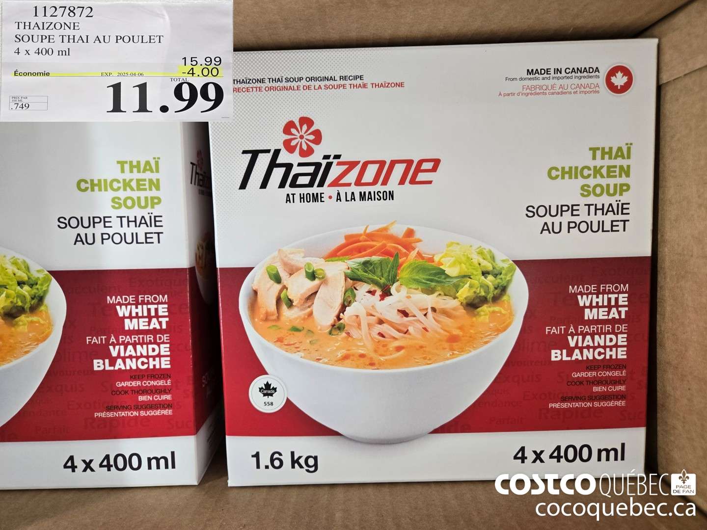 1127872 THAIZONE SOUPE THAI AU POULET 4 x 400 ml ($4.00 INSTANT SAVINGS EXPIRES ON 2025-04-06) $11.99