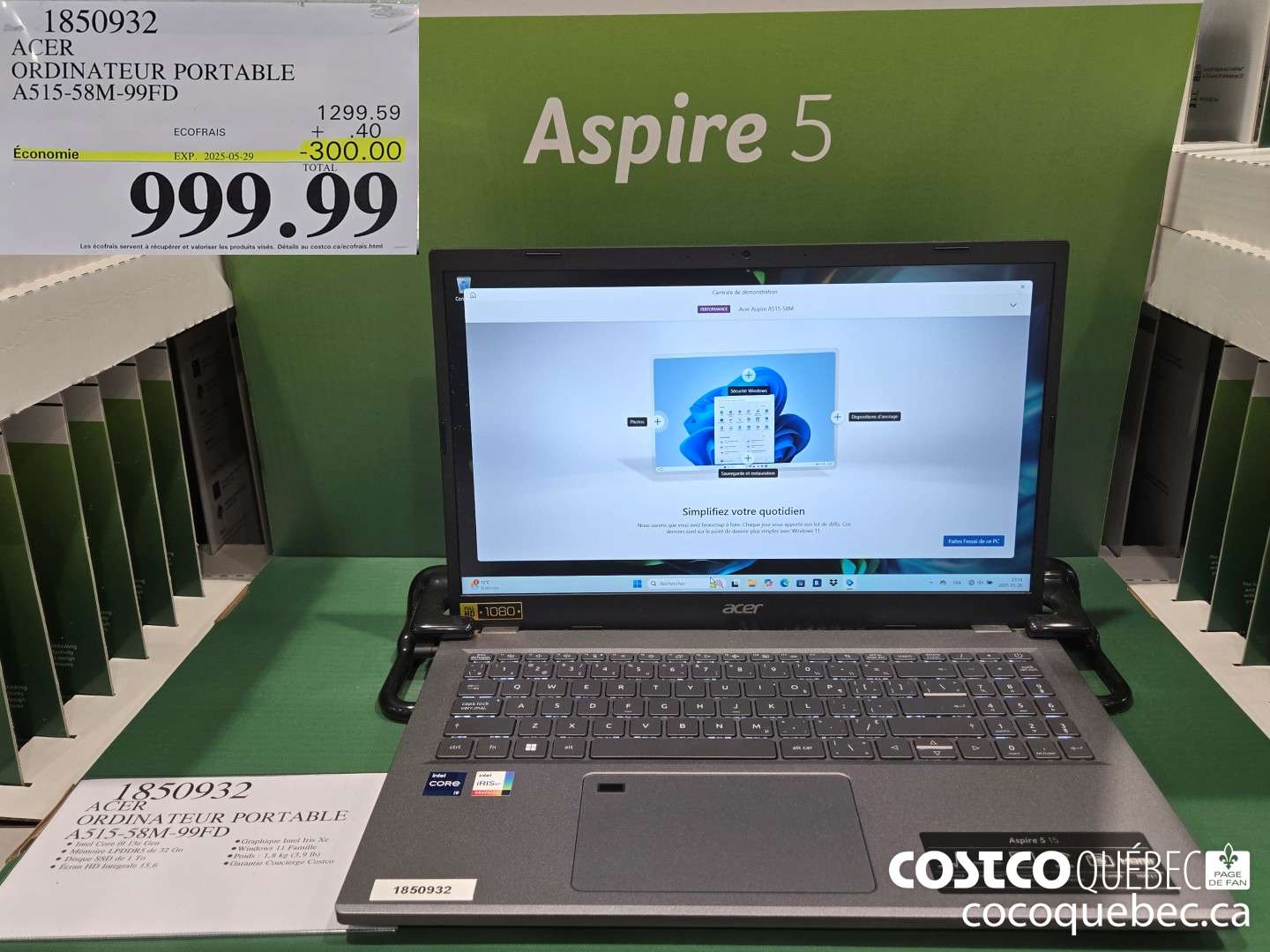 1850932 ACER ORDINATEUR PORTABLE A515-58M-99FD  ($300.00 INSTANT SAVINGS EXPIRES ON 2025-05-29) $999.99