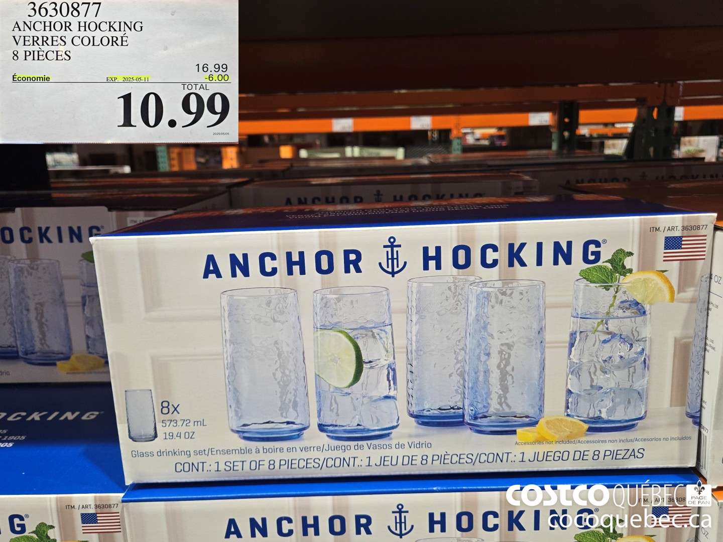 3630877 ANCHOR HOCKING VERRES COLORE 8 PIECES  ($6.00 INSTANT SAVINGS EXPIRES ON 2025-05-11) $10.99
