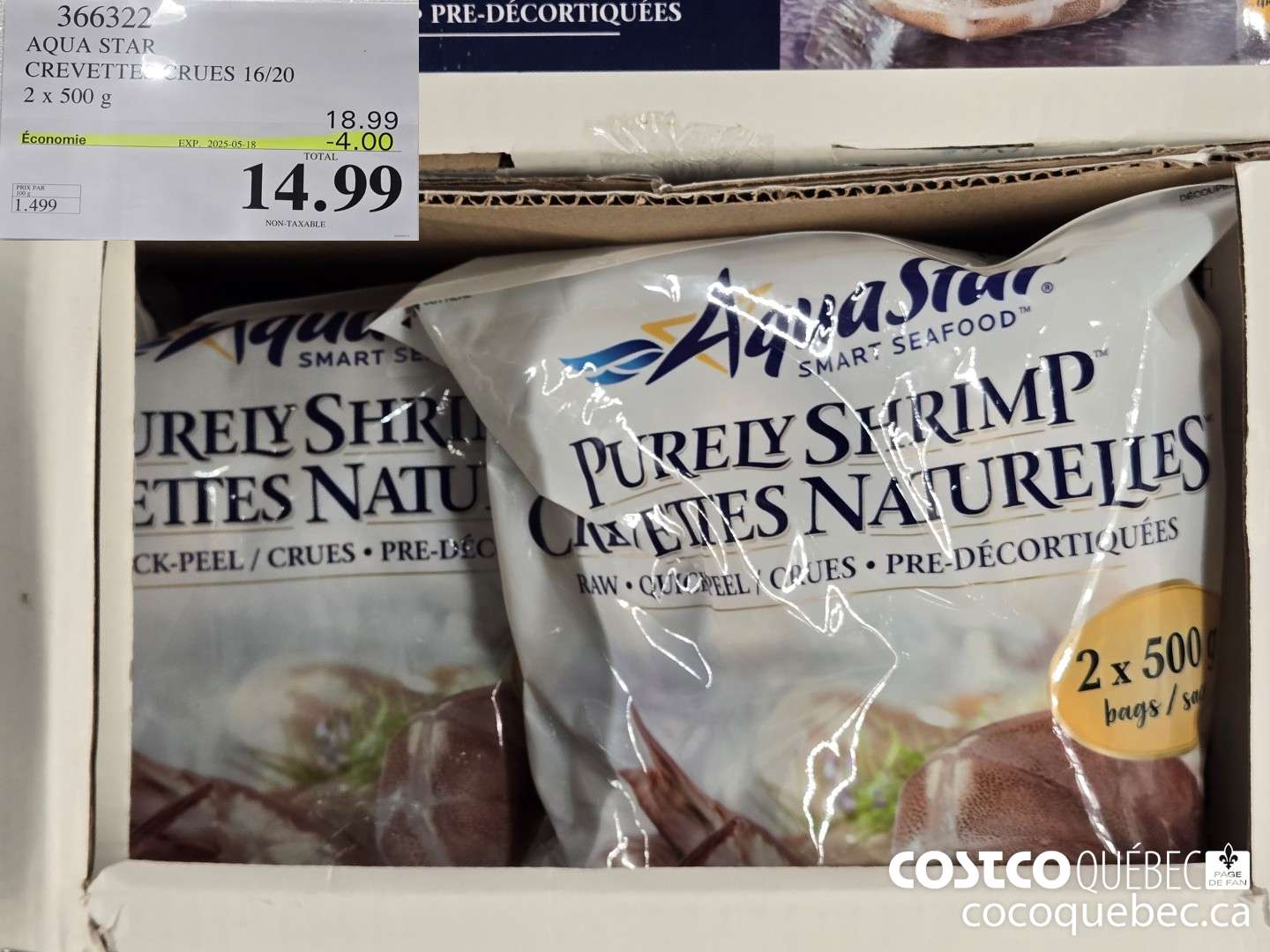 366322 AQUA STAR CREVETTES CRUES 16/20 2x 500 g  ($4.00 INSTANT SAVINGS EXPIRES ON 2025-05-18) $14.99