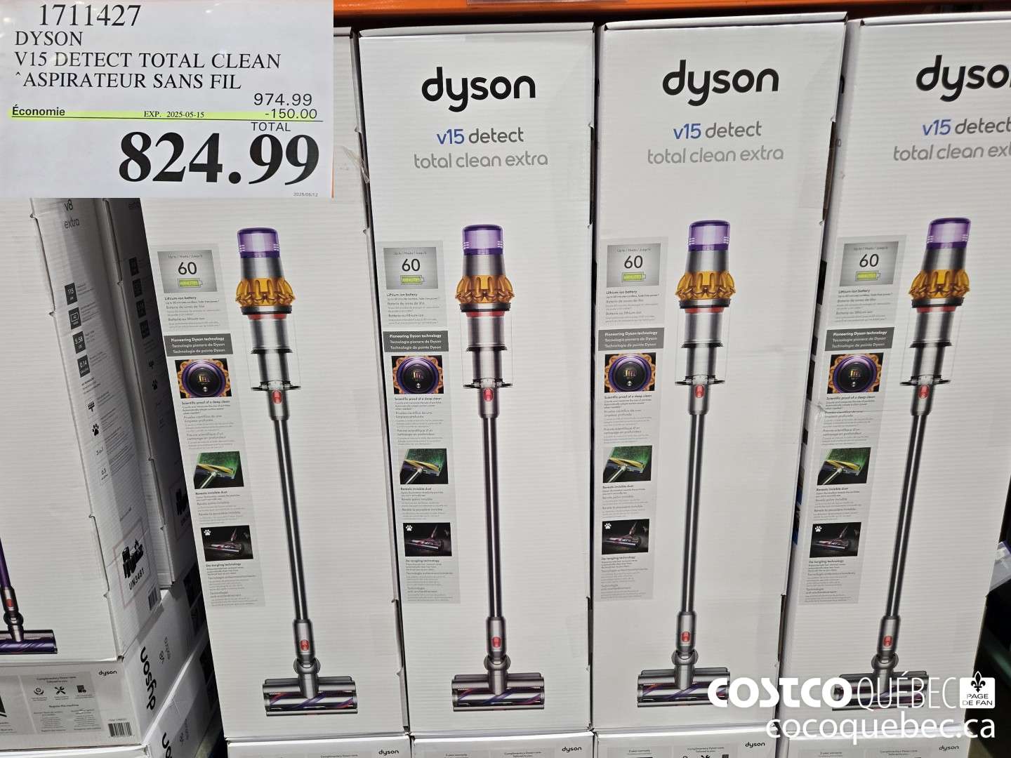 1711427 ASPIRATEUR-BALAI DYSON V15 DETECT CLEAN SANS FIL  ($150.00 INSTANT SAVINGS EXPIRES ON 2025-05-15) $824.99