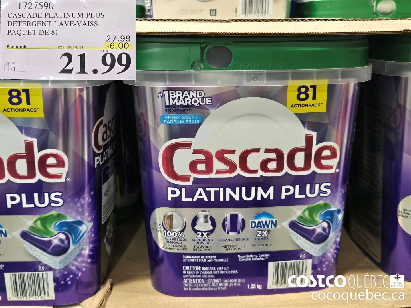 1727590 CASCADE PLATINUM PLUS DETERGENT LAVE-VAISS. PAQUET DE 81  ($6.00 INSTANT SAVINGS EXPIRES ON 2025-05-11) $21.99