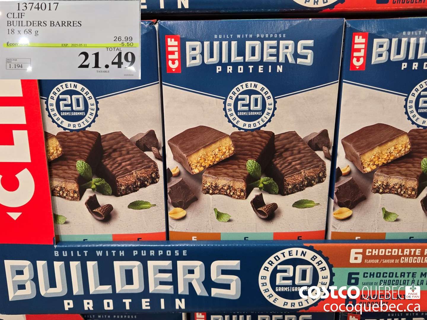 1374017 CLIF BUILDERS BARRES 18 x 68 g ($5.50 INSTANT SAVINGS EXPIRES ON 2025-05-11) $21.49
