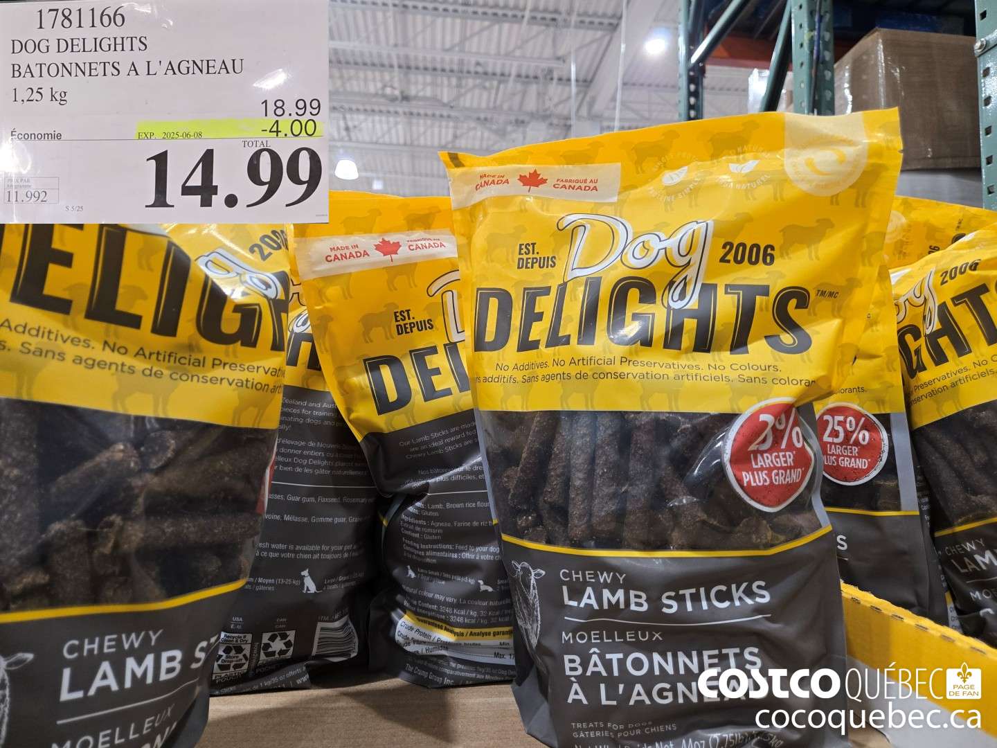 1781166 DOG DELIGHTS BATONNETS A L'AGNEAU 1,25 kG  ($4.00 INSTANT SAVINGS EXPIRES ON 2025-06-08) $14.99