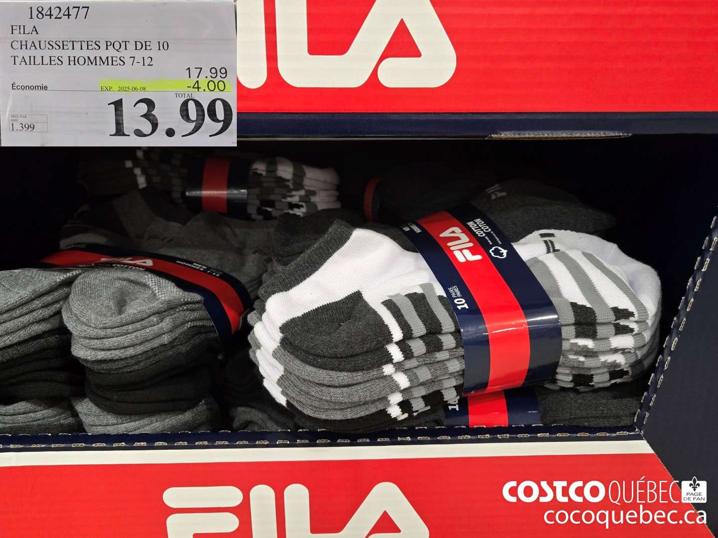 1842477 FILA CHAUSSETTES PQT DE 10 TAILLES HOMMES 7-12  ($4.00 INSTANT SAVINGS EXPIRES ON 2025-06-08) $13.99