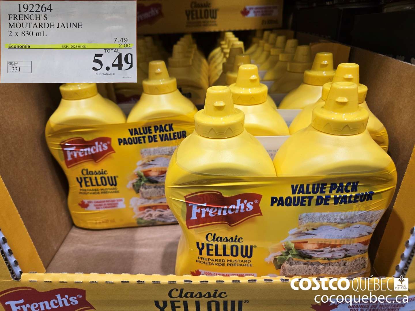 192264 FRENCH'S MOUTARDE JAUNE 2 x 830 mL ($2.00 INSTANT SAVINGS EXPIRES ON 2025-06-08) $5.49
